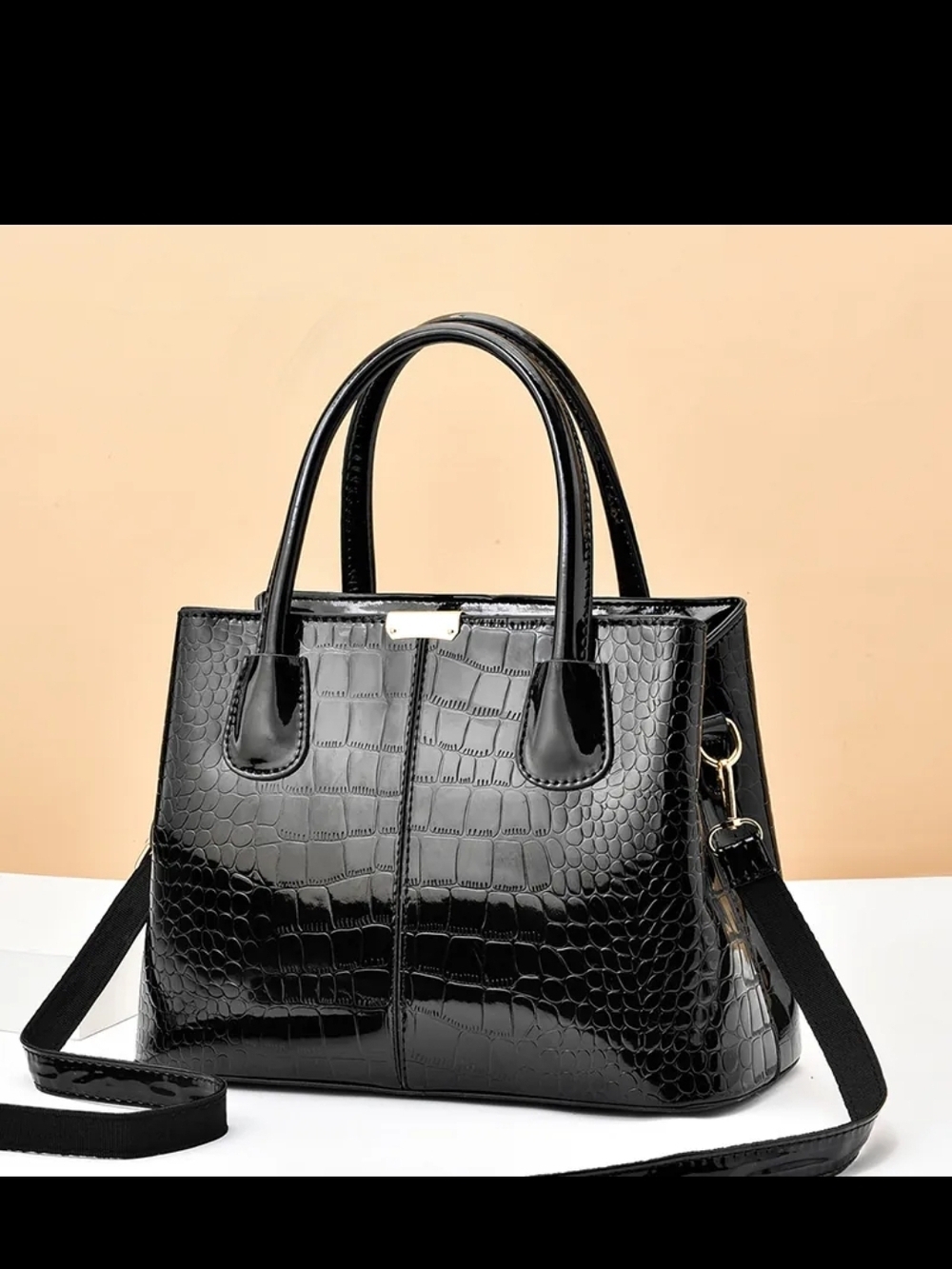 Black Croc-Embossed Structured Satchel Bag